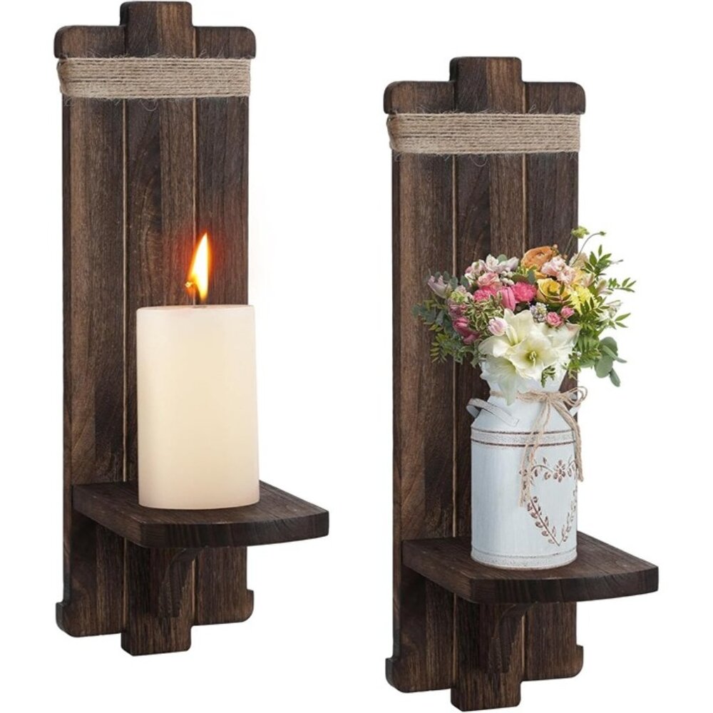 New 2 Pcs Farmhouse Rustic Candle Sconces Vintage Wooden Wall Decor Holders